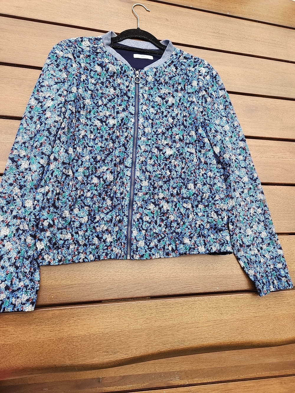 Edc Floral Blue Zip-Front Pea Coat - Picture 3 of 11